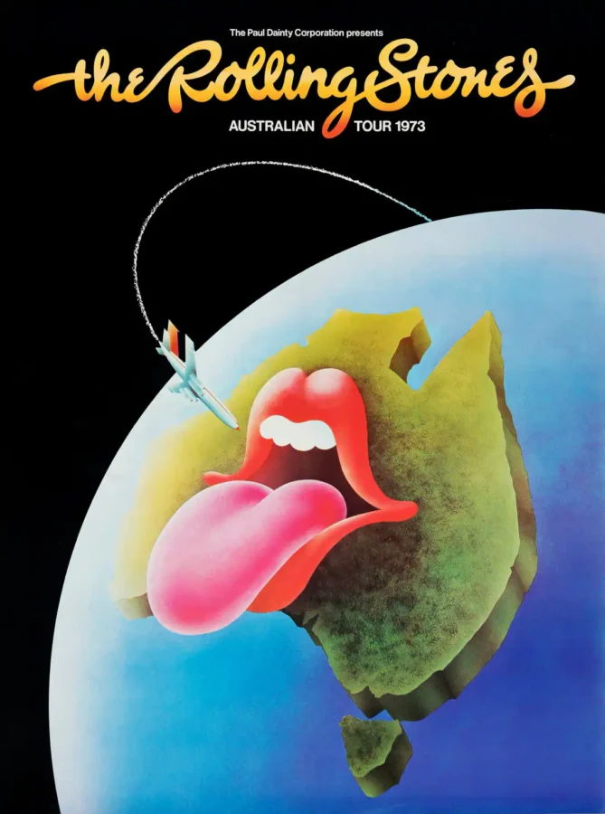 The Rolling Stones 1973 Australian Tour Poster featuring black, white, and teal vertical artwork.