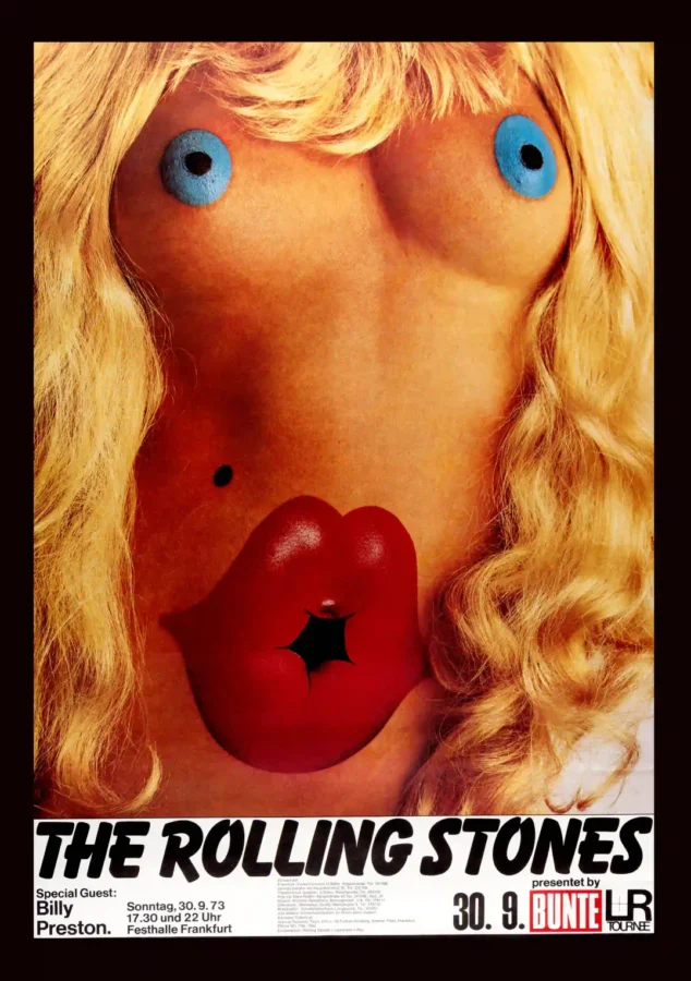 The Rolling Stones 1973 Frankfurt, Germany Concert Poster featuring black, yellow, and white vertical artwork.