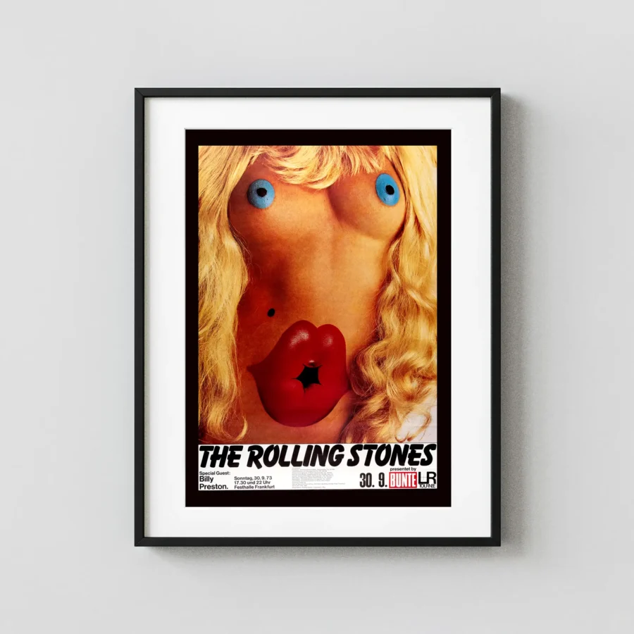 The Rolling Stones 1973 Frankfurt, Germany Concert Poster featuring black, yellow, and white vertical artwork.