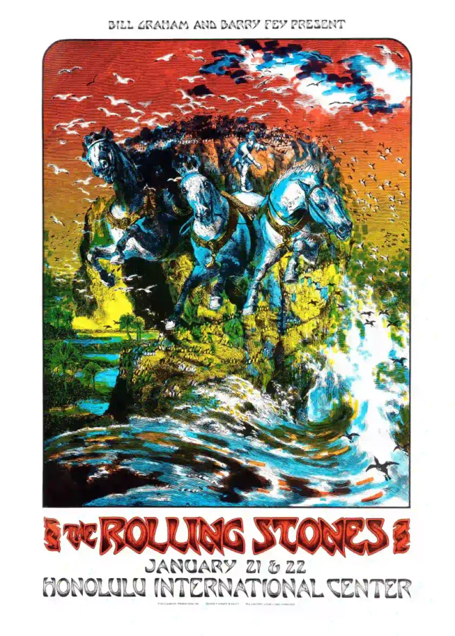 The Rolling Stones 1973 Honolulu, HI Bill Graham Concert Poster featuring white, light gray, and black vertical artwork.