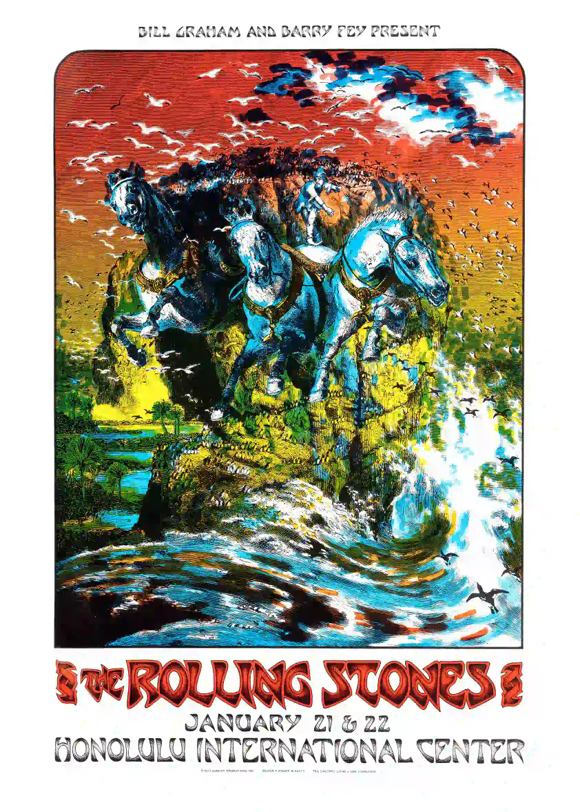 The Rolling Stones 1973 Honolulu, HI Bill Graham Concert Poster featuring white, light gray, and black vertical artwork.