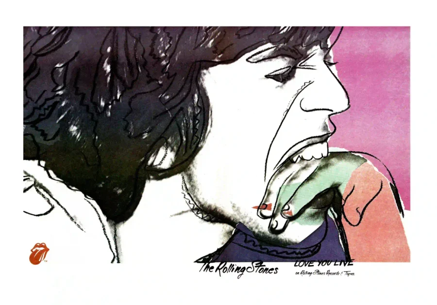 The Rolling Stones 1977 Love You Live Andy Warhol-Art Promo Poster featuring white, black, and light gray vertical artwork.