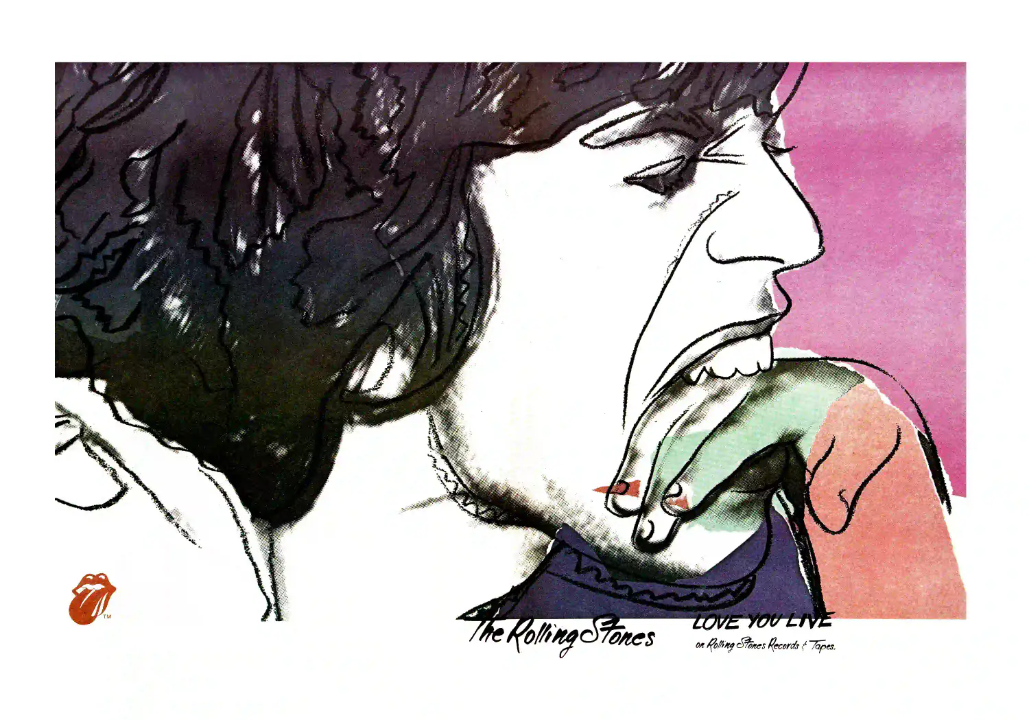 The Rolling Stones 1977 Love You Live Andy Warhol-Art Promo Poster featuring white, black, and light gray vertical artwork.