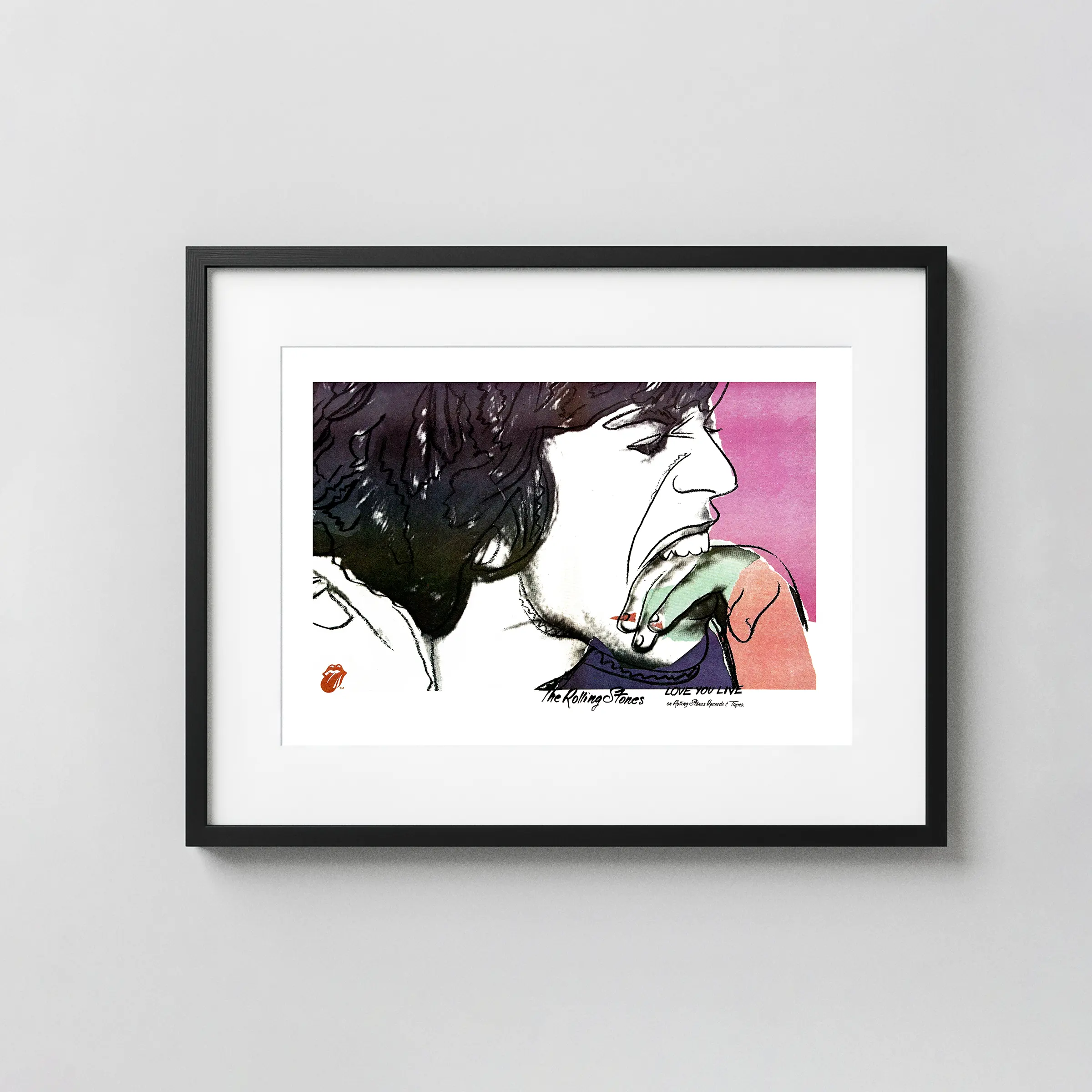 The Rolling Stones 1977 Love You Live Andy Warhol-Art Promo Poster featuring white, black, and light gray vertical artwork.