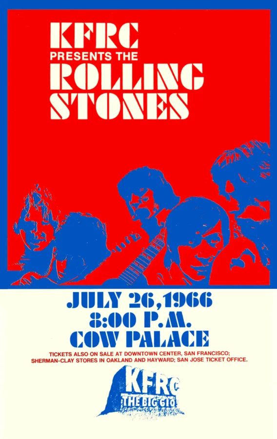 The Rolling Stones Cow Palace KFRC Concert Poster (1966) featuring red, cream, and blue vertical artwork.