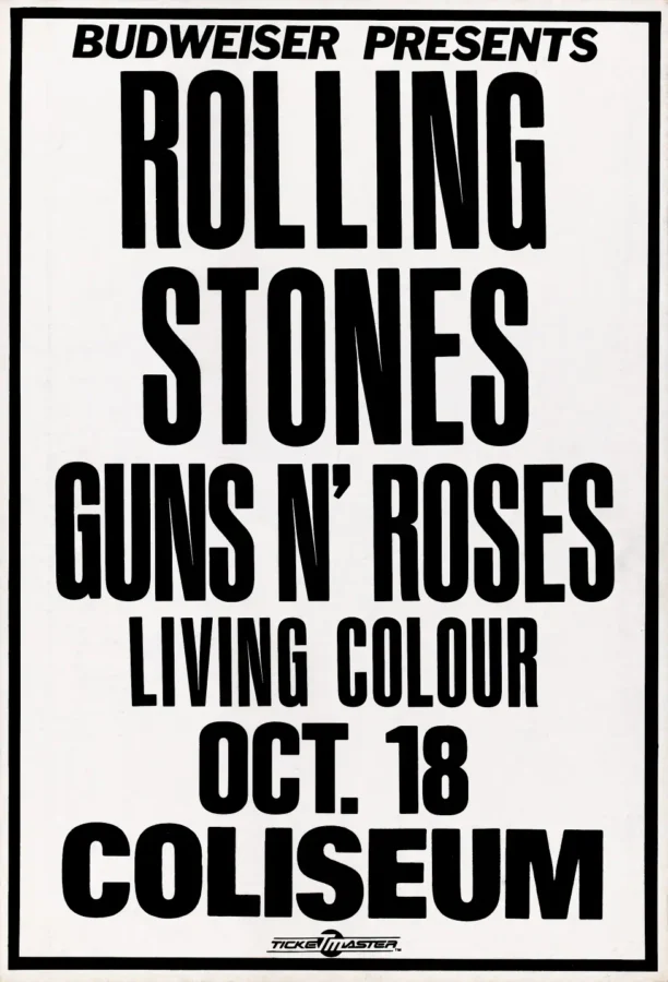 The Rolling Stones, Guns N' Roses, Living Colour poster with white, black, and slate gray artwork and period lettering.