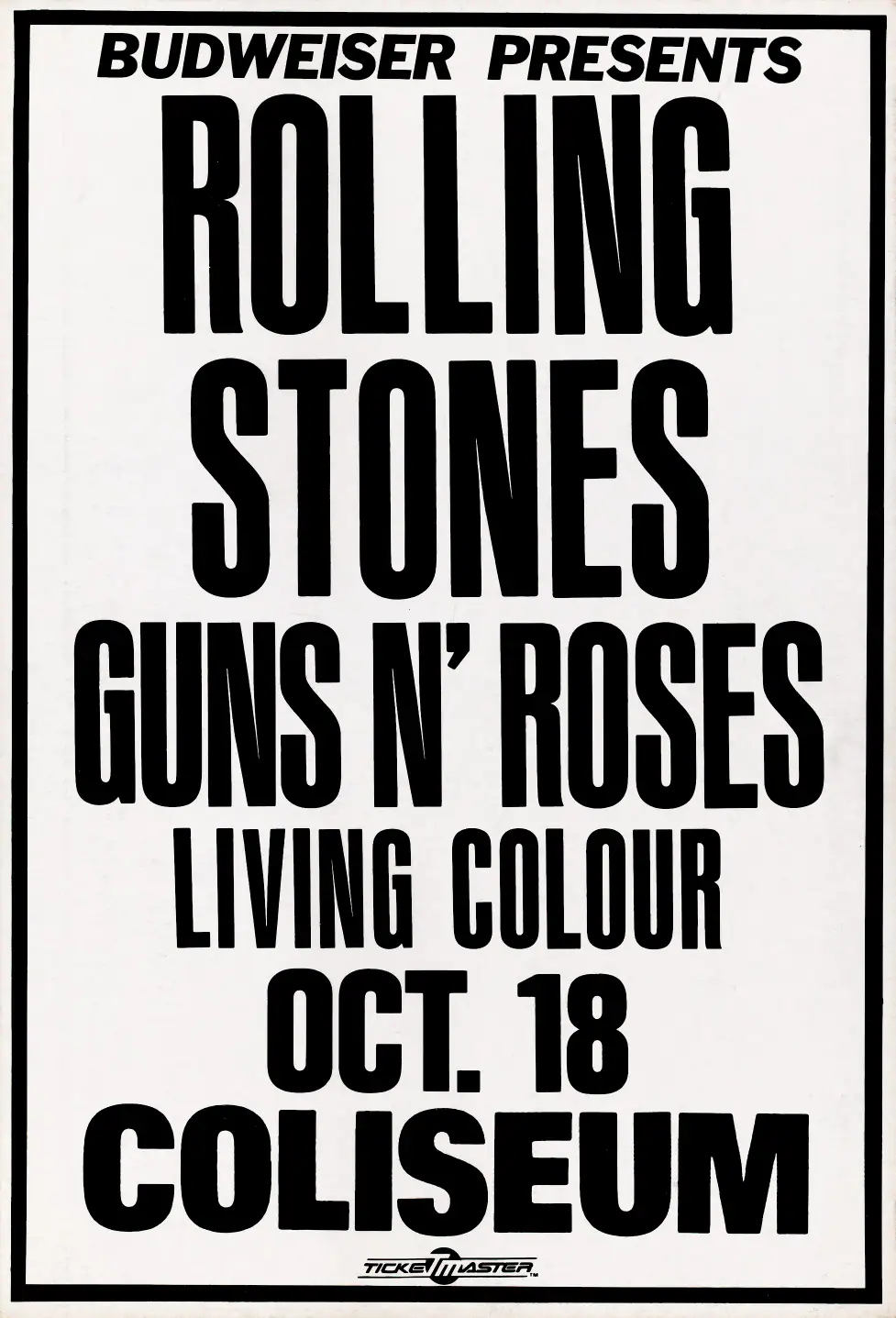 The Rolling Stones, Guns N' Roses, Living Colour poster with white, black, and slate gray artwork and period lettering.