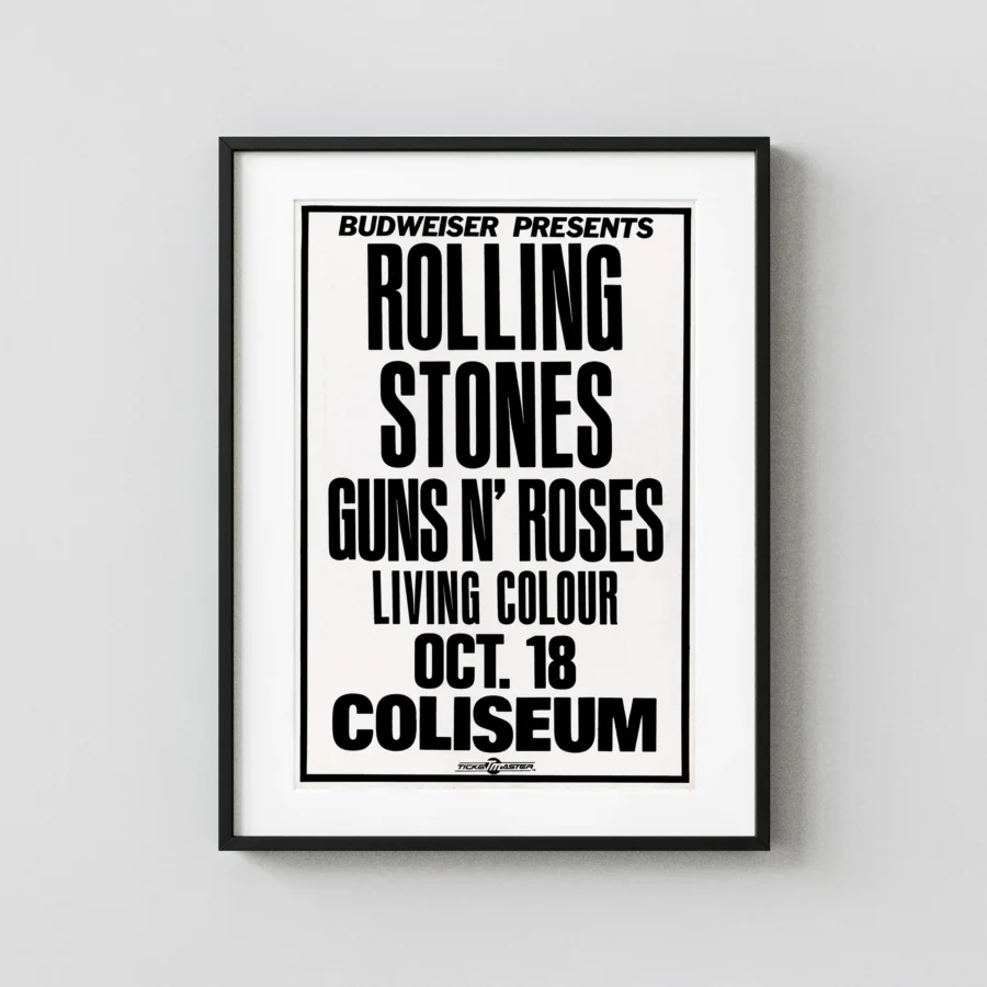 The Rolling Stones, Guns N' Roses, Living Colour poster with white, black, and slate gray artwork and period lettering.