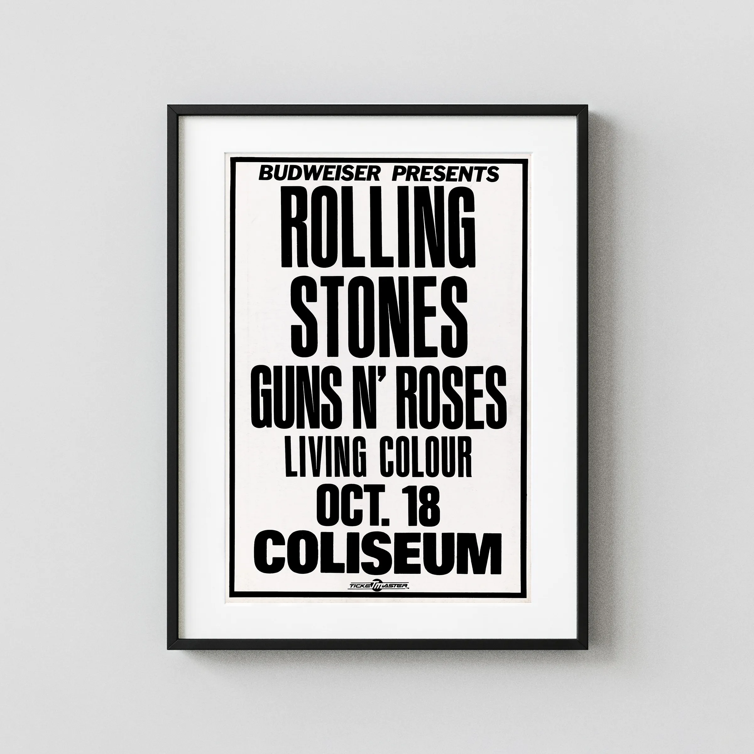 The Rolling Stones, Guns N' Roses, Living Colour poster with white, black, and slate gray artwork and period lettering.