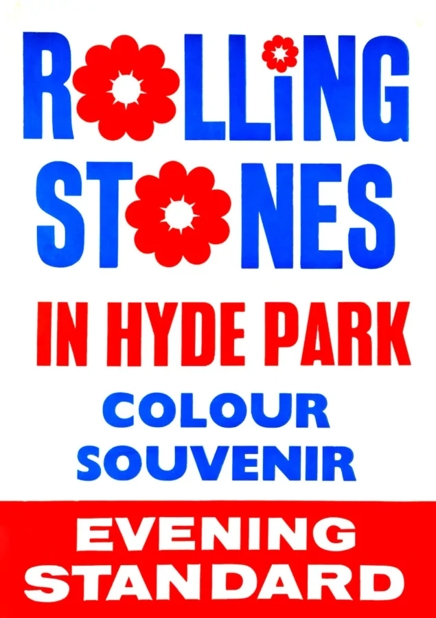 The Rolling Stones Hyde Park, London UK Concert Souvenir Poster featuring white, red, and blue vertical artwork.