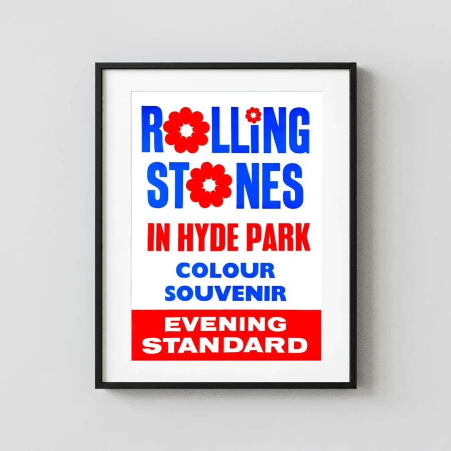 The Rolling Stones Hyde Park, London UK Concert Souvenir Poster featuring white, red, and blue vertical artwork.