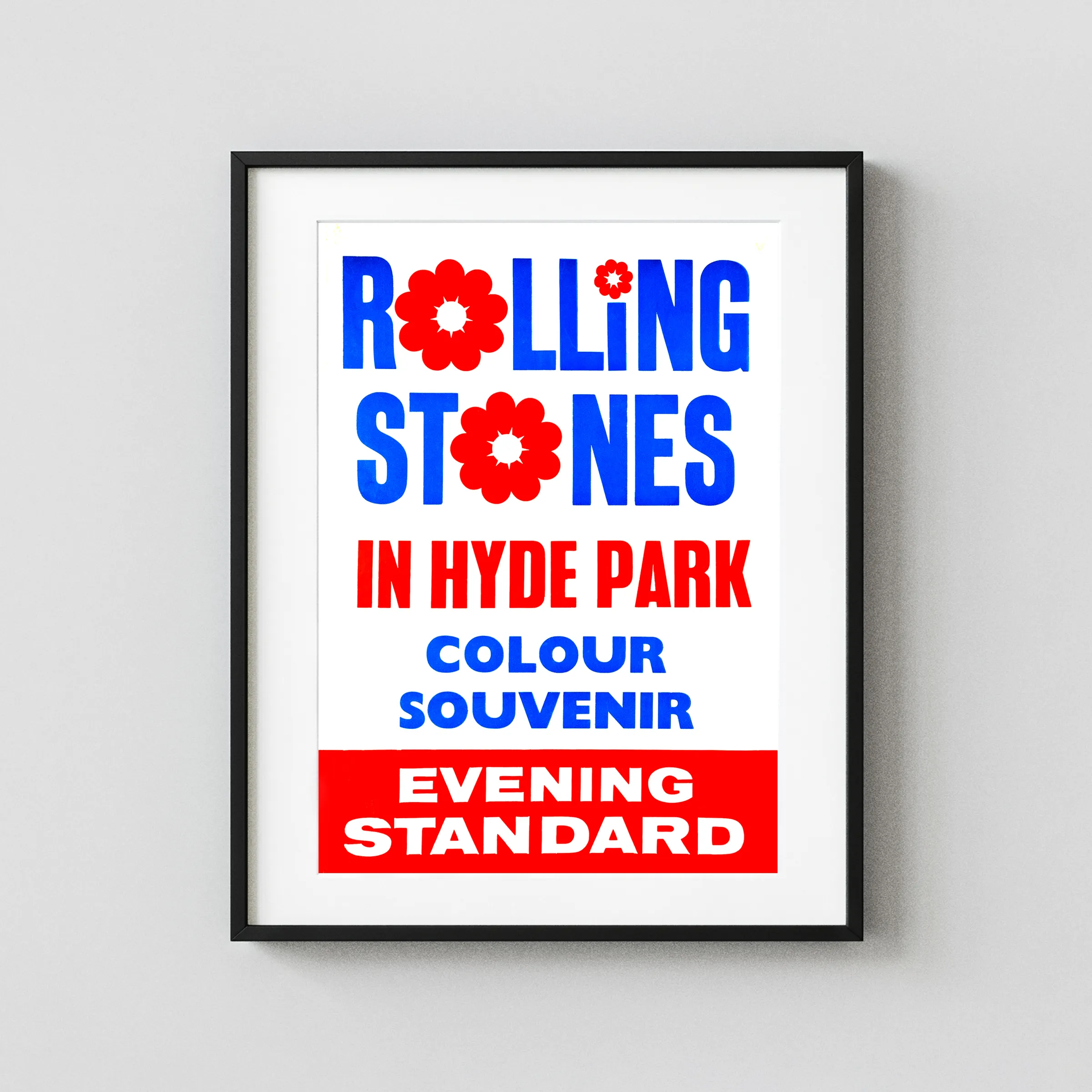 The Rolling Stones Hyde Park, London UK Concert Souvenir Poster featuring white, red, and blue vertical artwork.