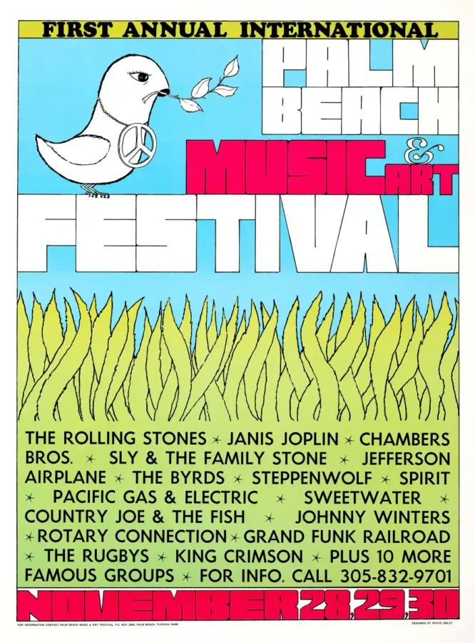 The Rolling Stones, Janis Joplin 1969 Palm Beach Festival Concert Poster featuring white, green, and blue vertical artwork.