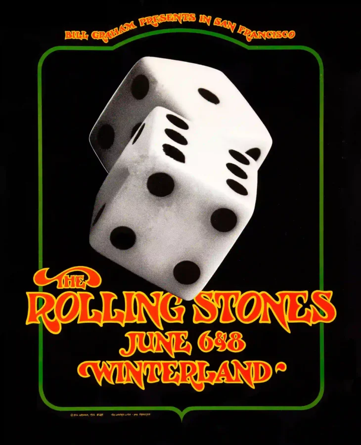 The Rolling Stones 1972 Winterland Concerts Poster featuring black, white, and deep green vertical artwork.