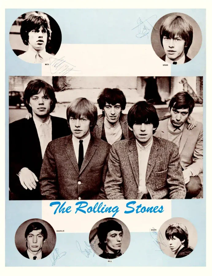 The Rolling Stones Promotional Poster (Ca. 1964) featuring light gray, black, and red vertical artwork.