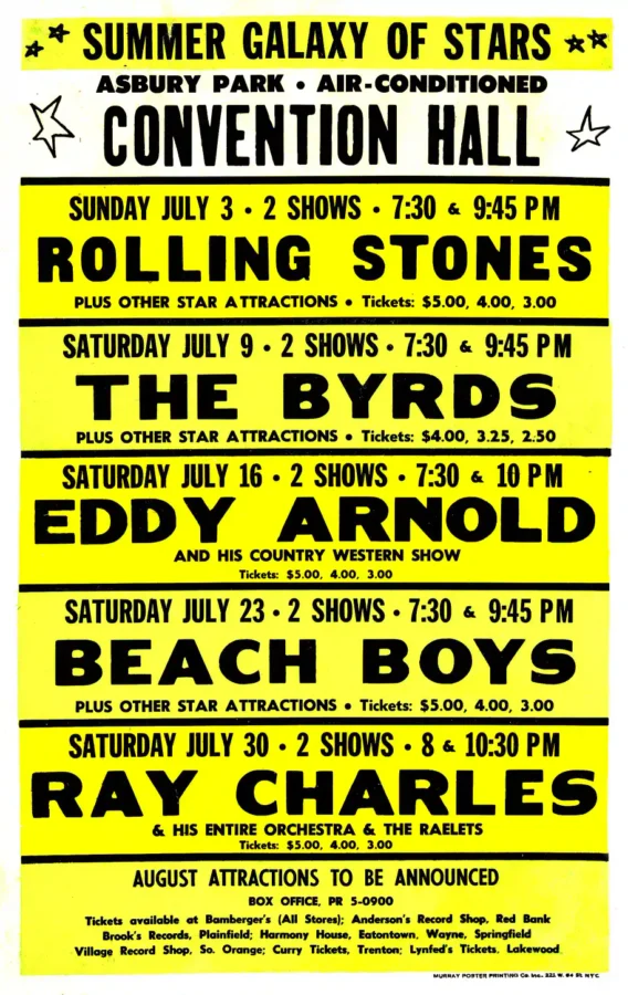 The Rolling Stones, the Beach Boys, the Byrds 1966 Asbury Park Concert Poster featuring white and yellow vertical artwork.