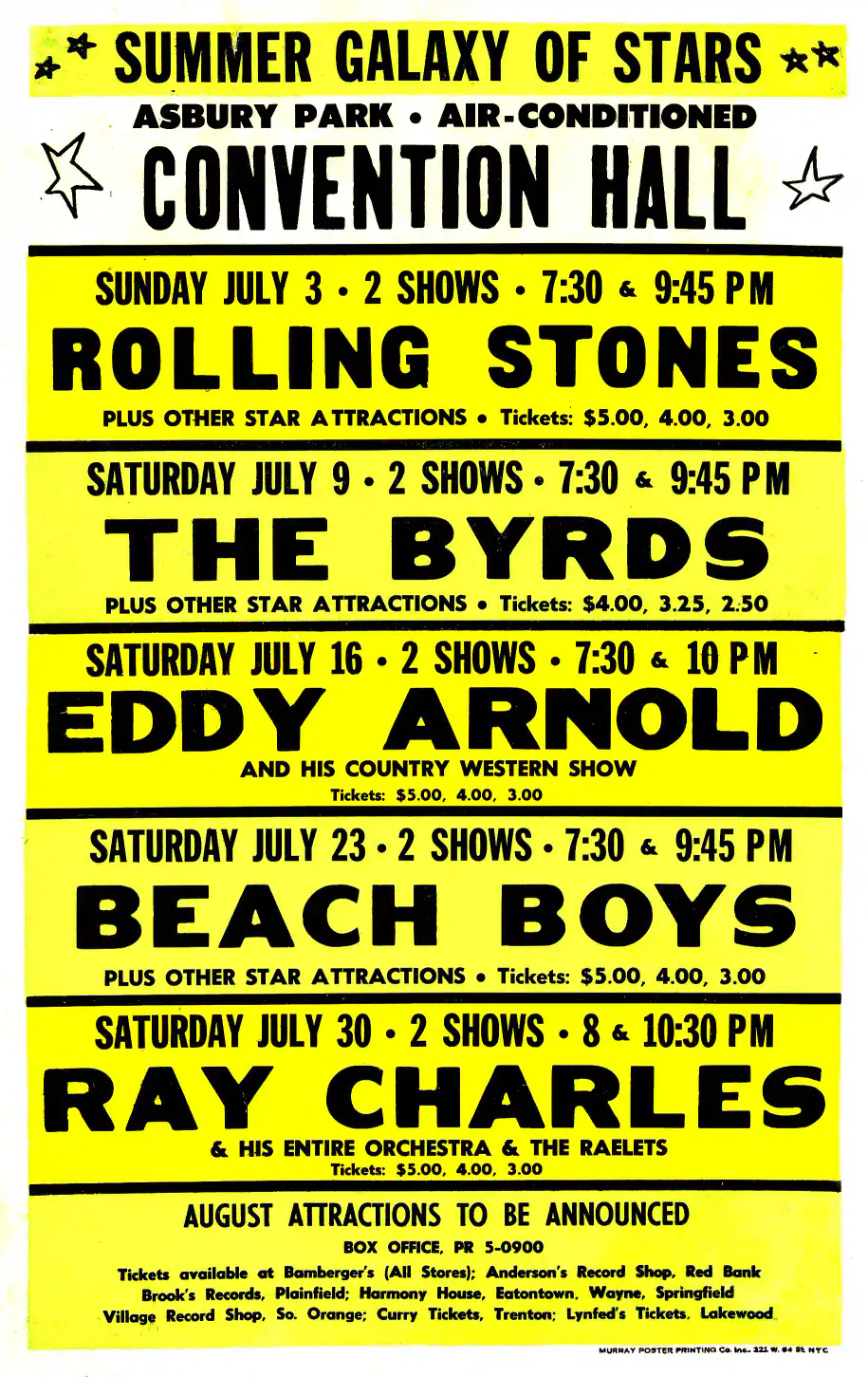 The Rolling Stones, the Beach Boys, the Byrds 1966 Asbury Park Concert Poster featuring white and yellow vertical artwork.