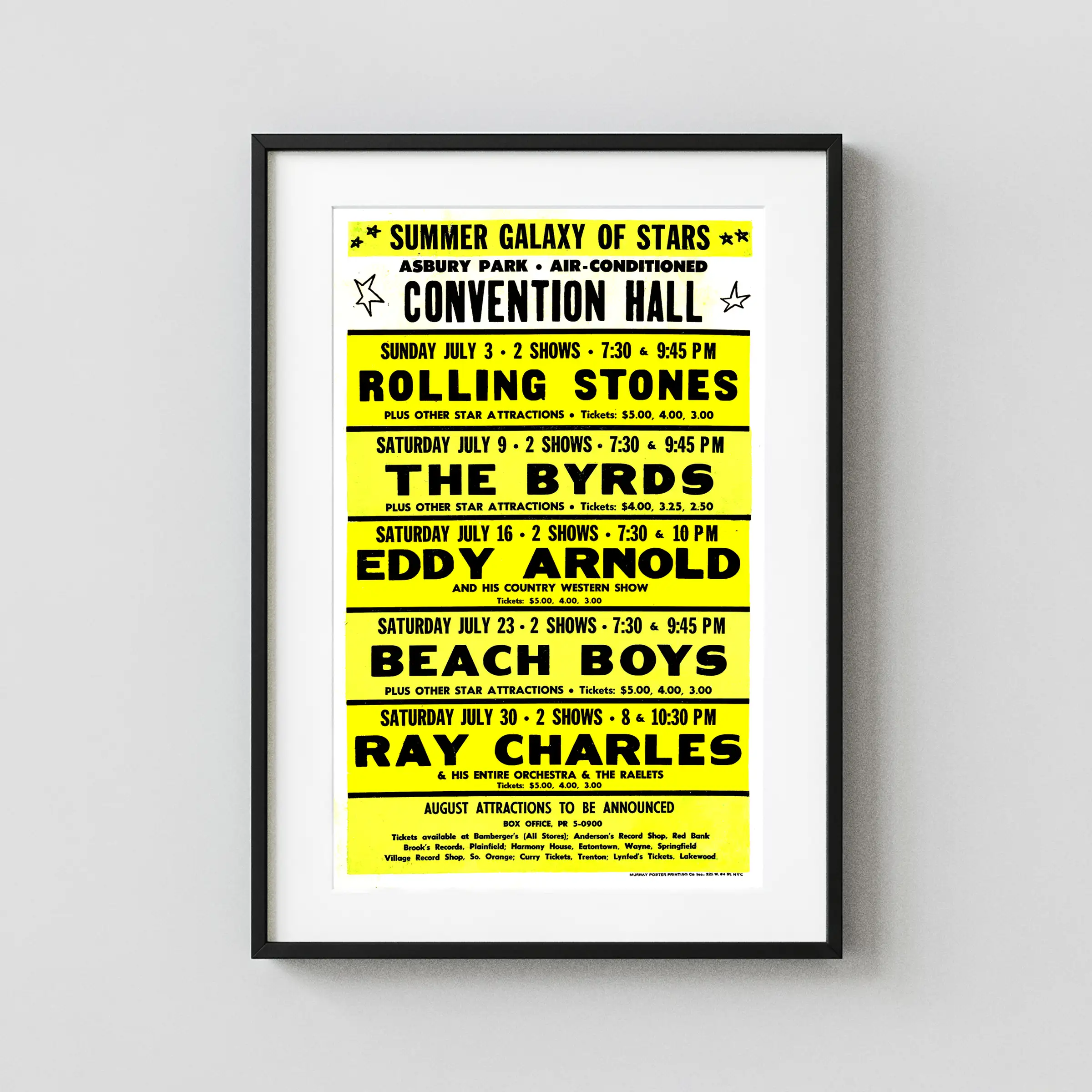 The Rolling Stones, the Beach Boys, the Byrds 1966 Asbury Park Concert Poster featuring white and yellow vertical artwork.