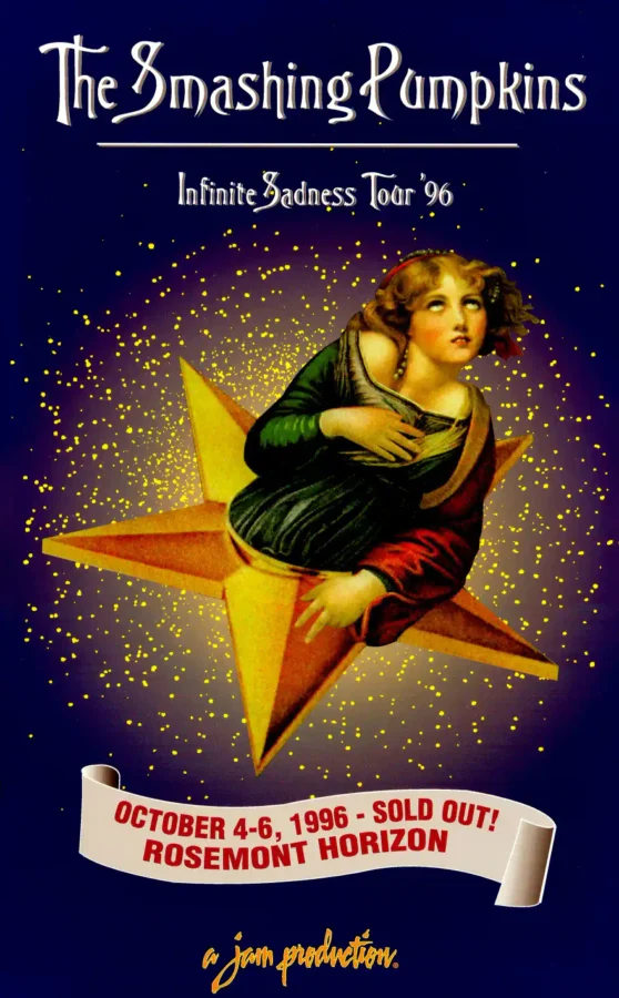 The Smashing Pumpkins Infinite Sadness Tour '96 Music Poster featuring navy, red, and gray vertical artwork.