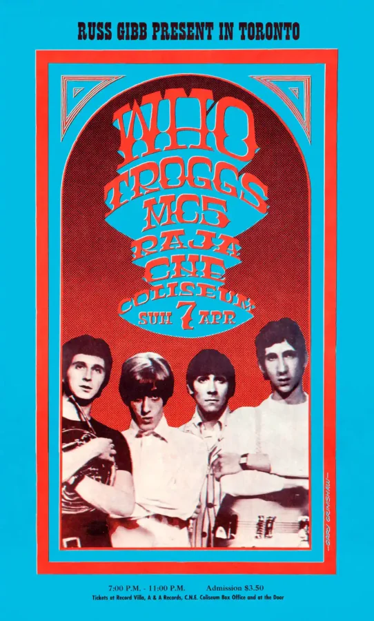 The Who 1968 CNE Coliseum, Toronto, Ontario, Canada Concert Poster featuring teal, red, and rose vertical artwork.