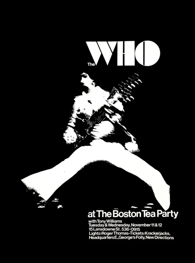The Who 1969 Boston Tea Party Concert Poster featuring black, white, and slate gray vertical artwork.