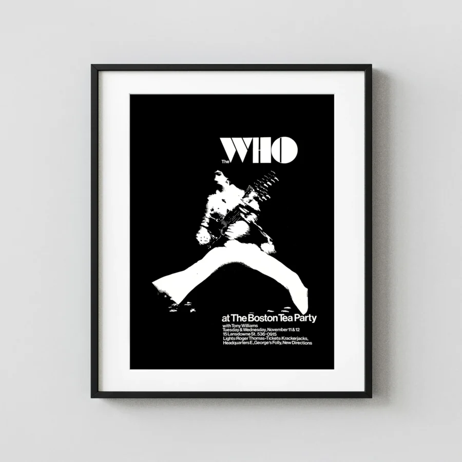 The Who 1969 Boston Tea Party Concert Poster featuring black, white, and slate gray vertical artwork.