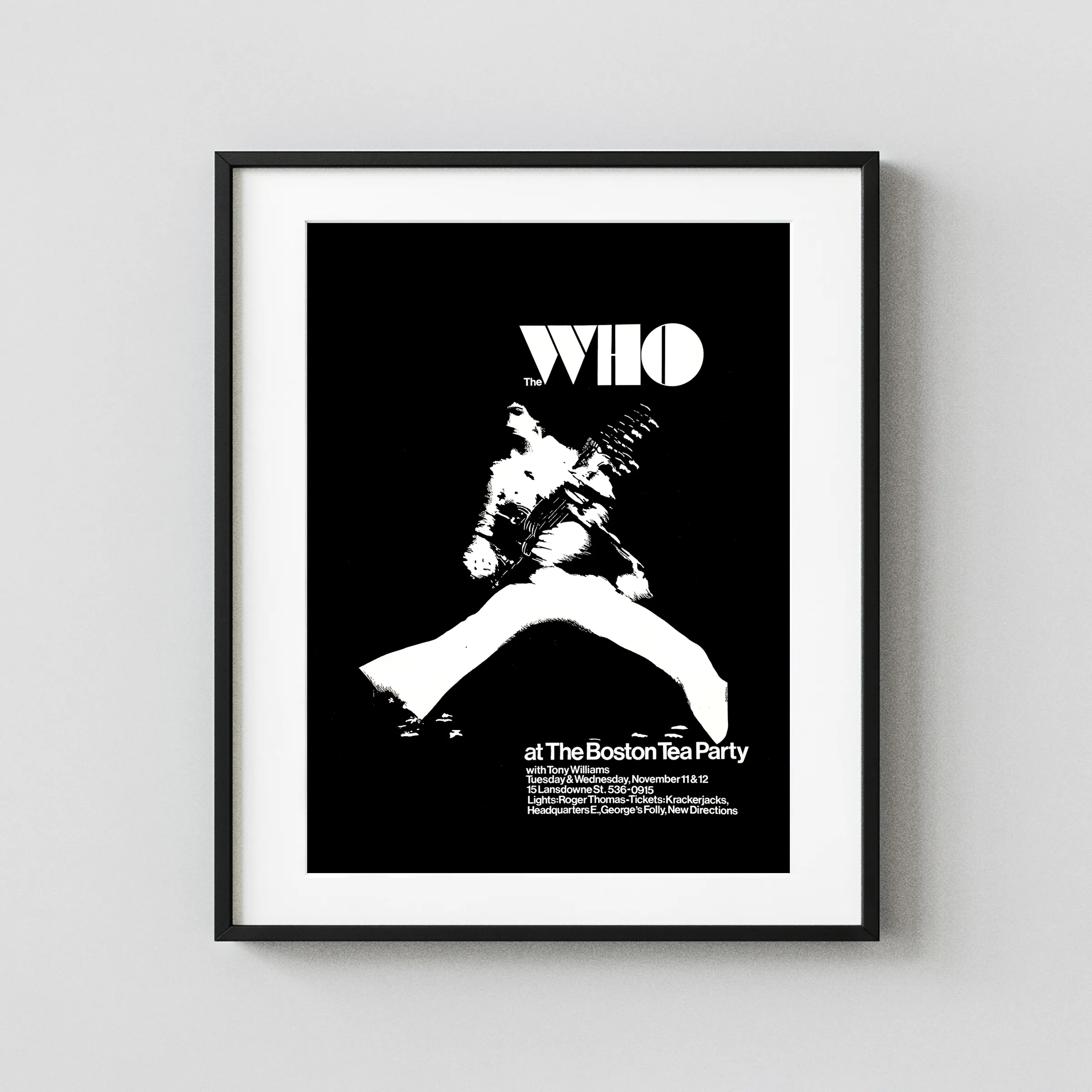The Who 1969 Boston Tea Party Concert Poster featuring black, white, and slate gray vertical artwork.