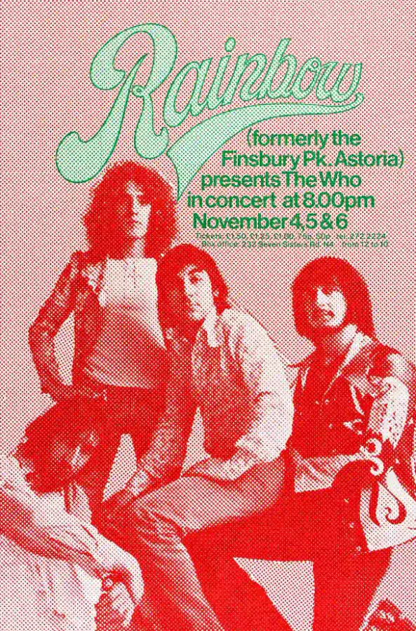 The Who 1971 Rainbow Theatre, London, England Concert Poster featuring rose, red, and white vertical artwork.