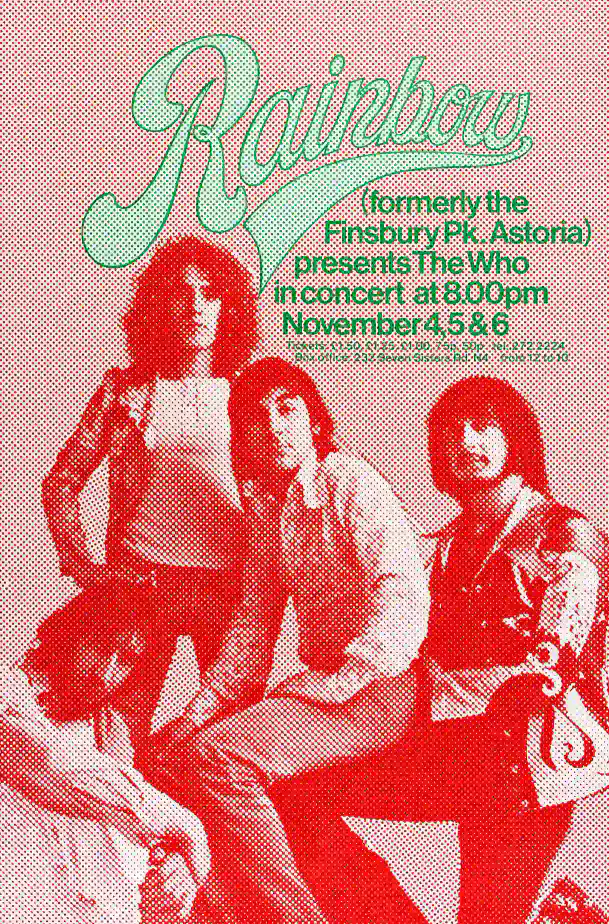 The Who 1971 Rainbow Theatre, London, England Concert Poster featuring rose, red, and white vertical artwork.