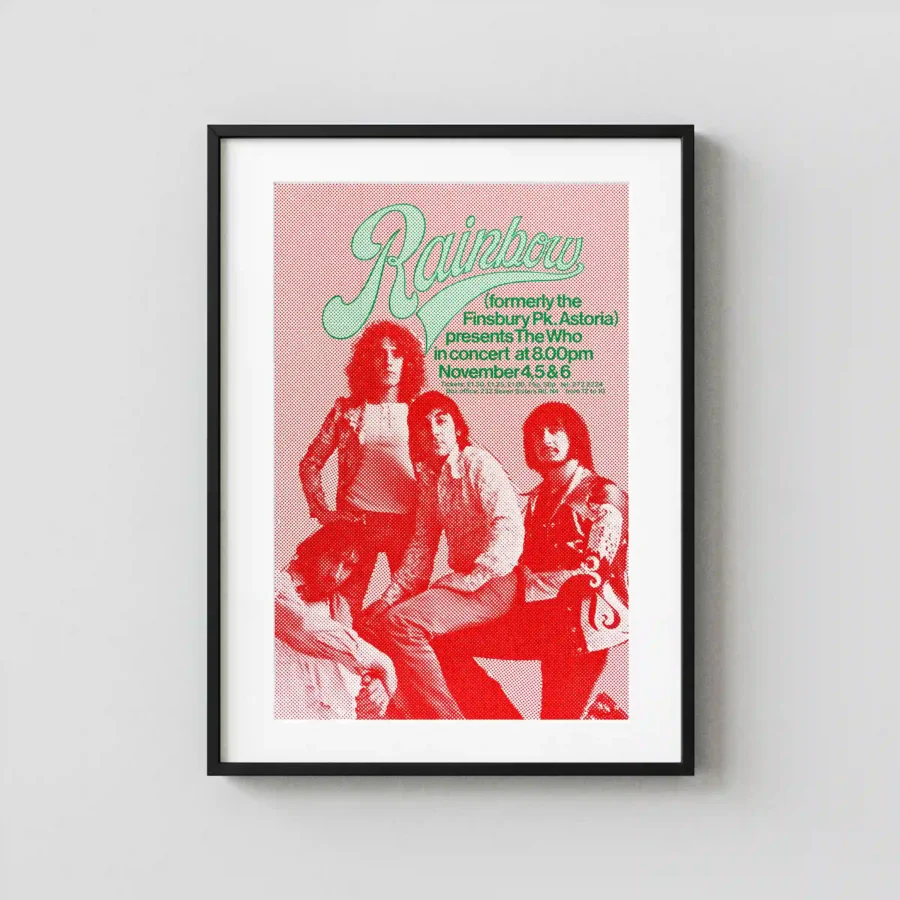 The Who 1971 Rainbow Theatre, London, England Concert Poster featuring rose, red, and white vertical artwork.