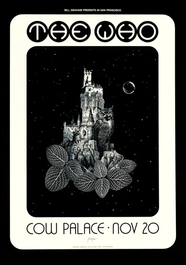 The Who poster with black, white, and charcoal artwork and period lettering.
