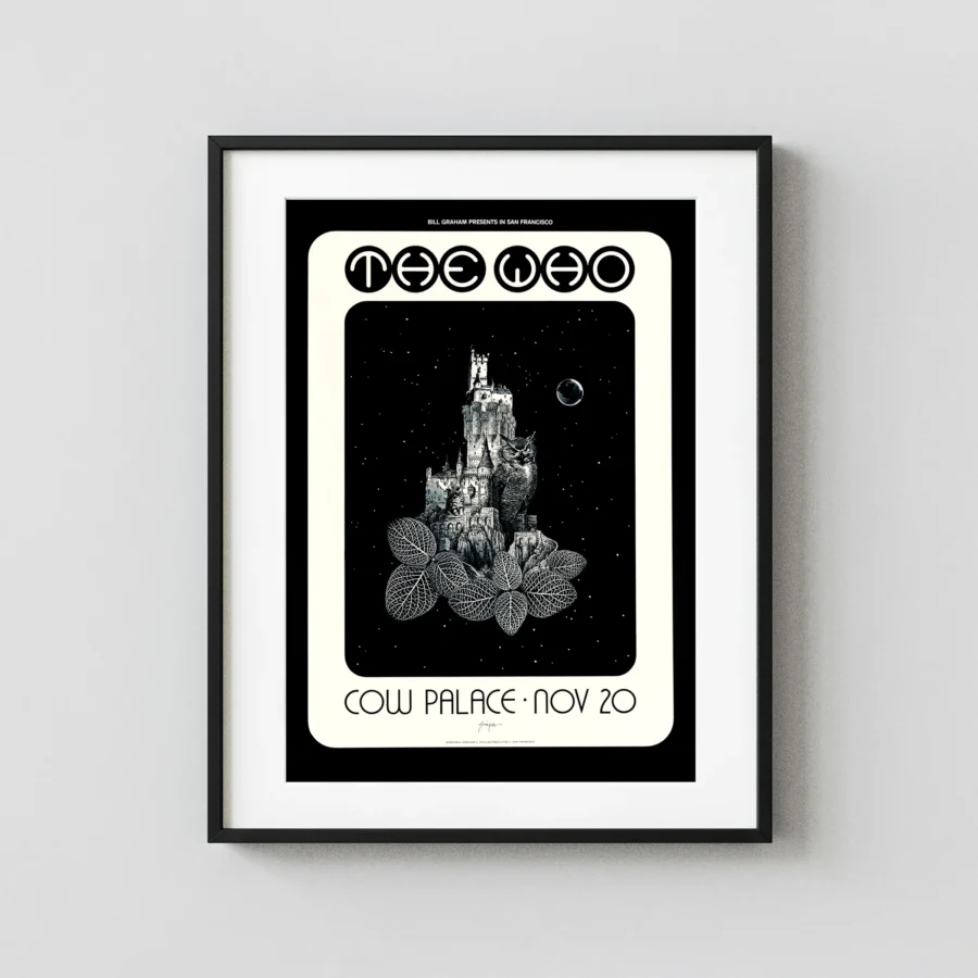 The Who poster with black, white, and charcoal artwork and period lettering.