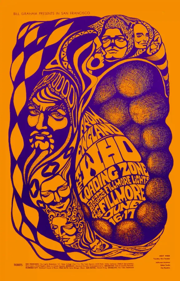 The Who, "Jimi Hendrix" 1967 Fillmore Auditorium Concert Poster featuring orange, red, and purple vertical artwork.