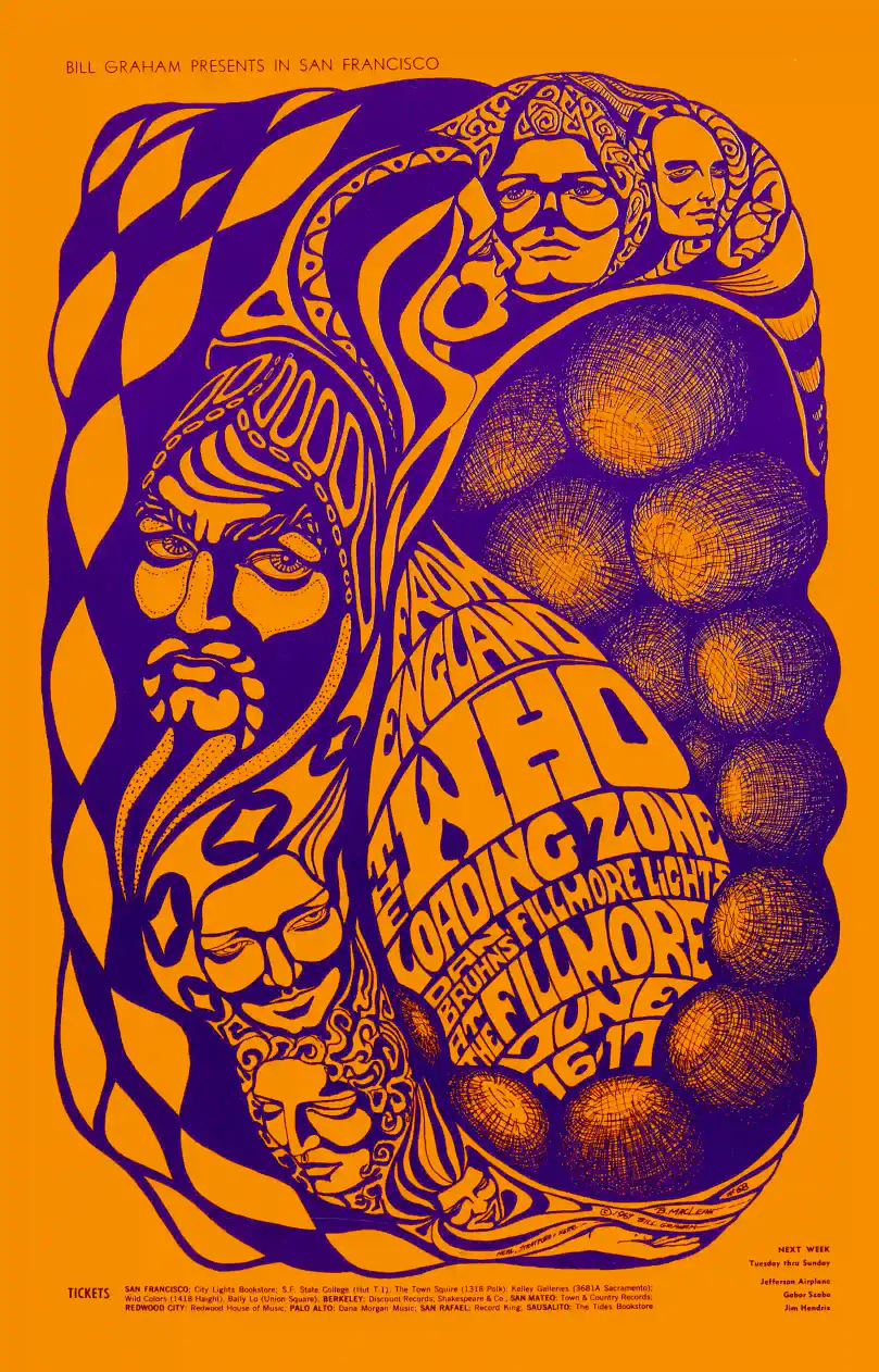 The Who, "Jimi Hendrix" 1967 Fillmore Auditorium Concert Poster featuring orange, red, and purple vertical artwork.