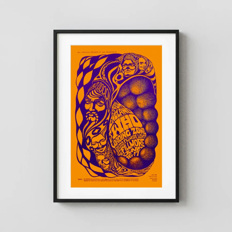 The Who, "Jimi Hendrix" 1967 Fillmore Auditorium Concert Poster featuring orange, red, and purple vertical artwork.