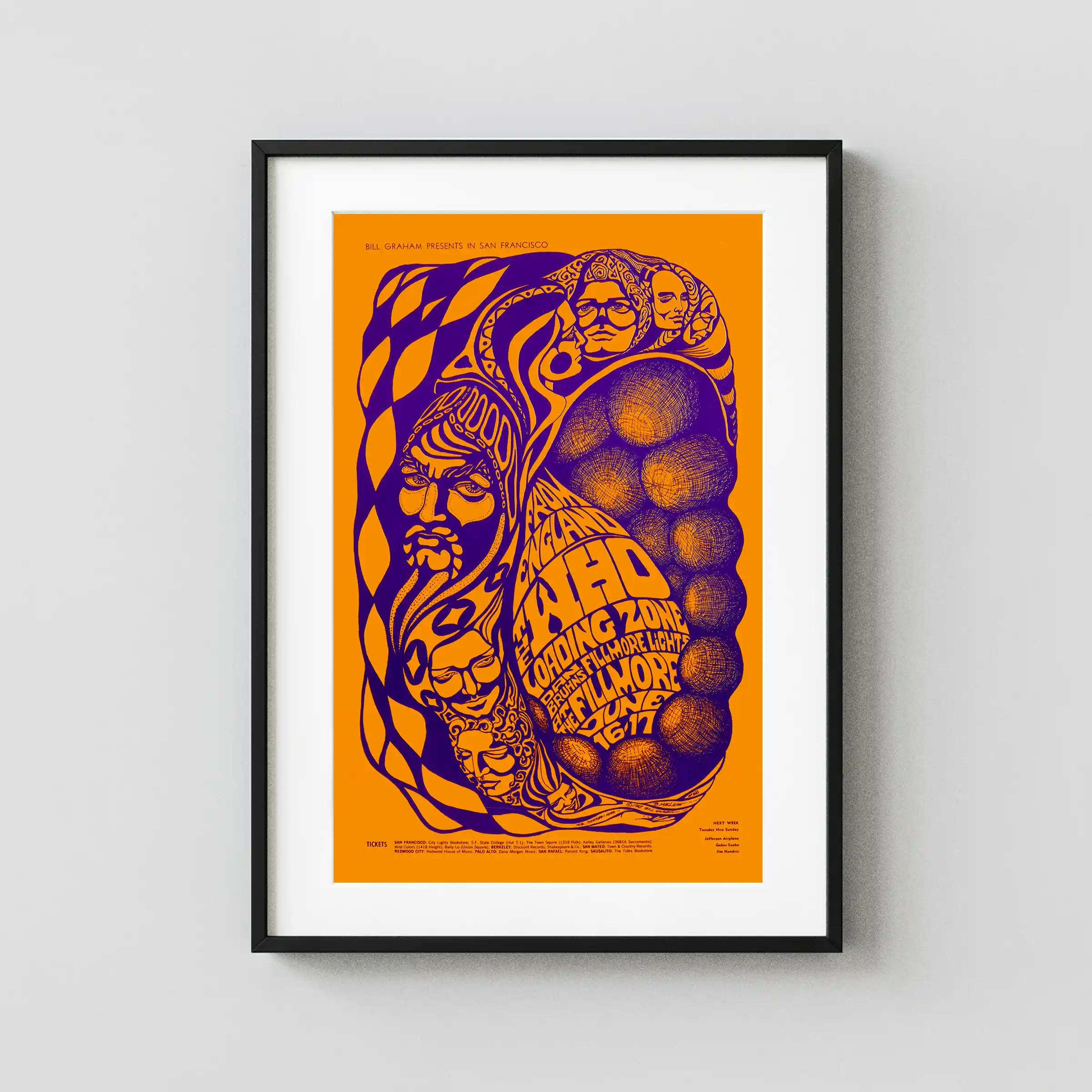 The Who, "Jimi Hendrix" 1967 Fillmore Auditorium Concert Poster featuring orange, red, and purple vertical artwork.