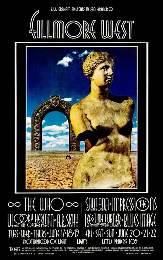 The Who, Santana 1969 Fillmore West Concert Poster featuring black, charcoal, and navy vertical artwork.