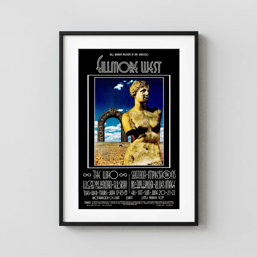 The Who, Santana 1969 Fillmore West Concert Poster featuring black, charcoal, and navy vertical artwork.