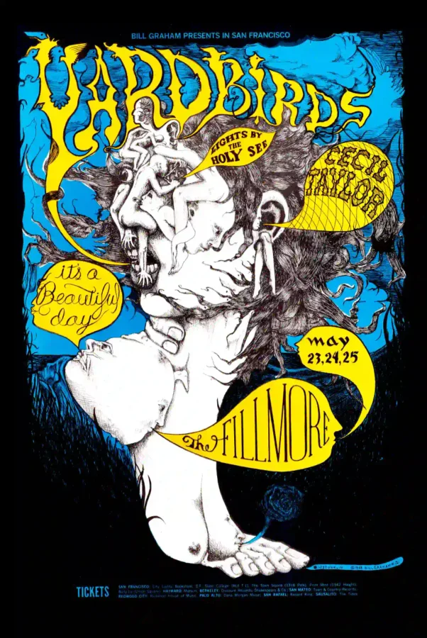 The Yardbirds 1968 Fillmore Auditorium Concert Poster featuring black, white, and gray vertical artwork.