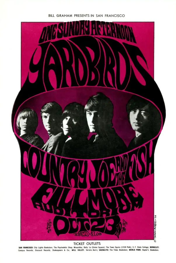 The Yardbirds with Jimmy Page & Jeff Beck 1966 Fillmore Concert Poster featuring white, magenta, and black vertical artwork.