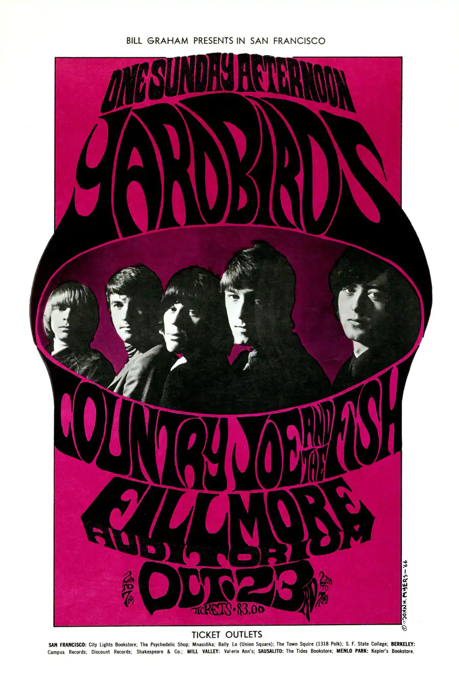 The Yardbirds with Jimmy Page & Jeff Beck 1966 Fillmore Concert Poster featuring white, magenta, and black vertical artwork.