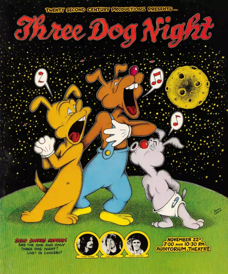 Three Dog Night 1969 Chicago, IL Concert Poster featuring black, green, and white vertical artwork.