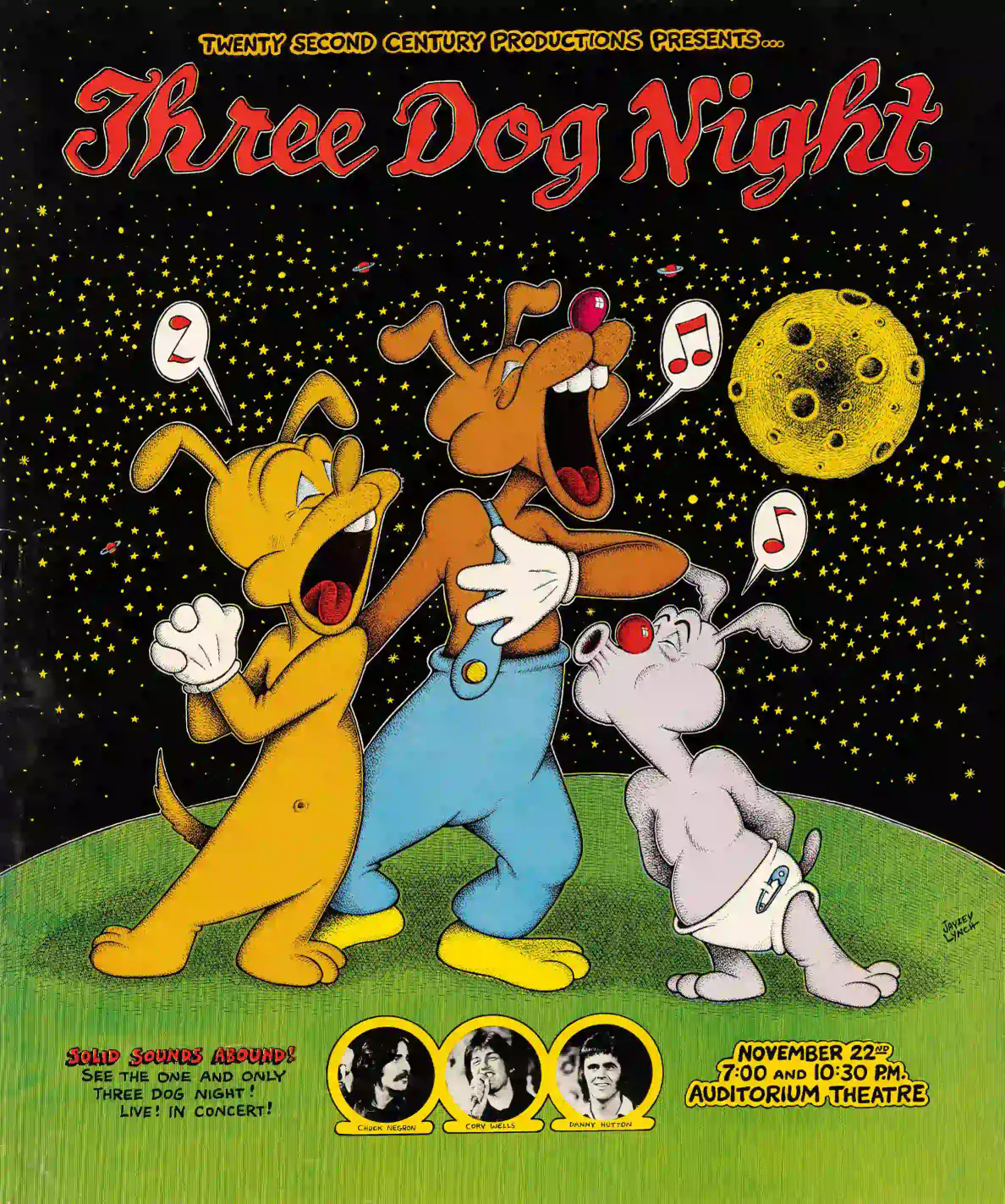 Three Dog Night 1969 Chicago, IL Concert Poster featuring black, green, and white vertical artwork.
