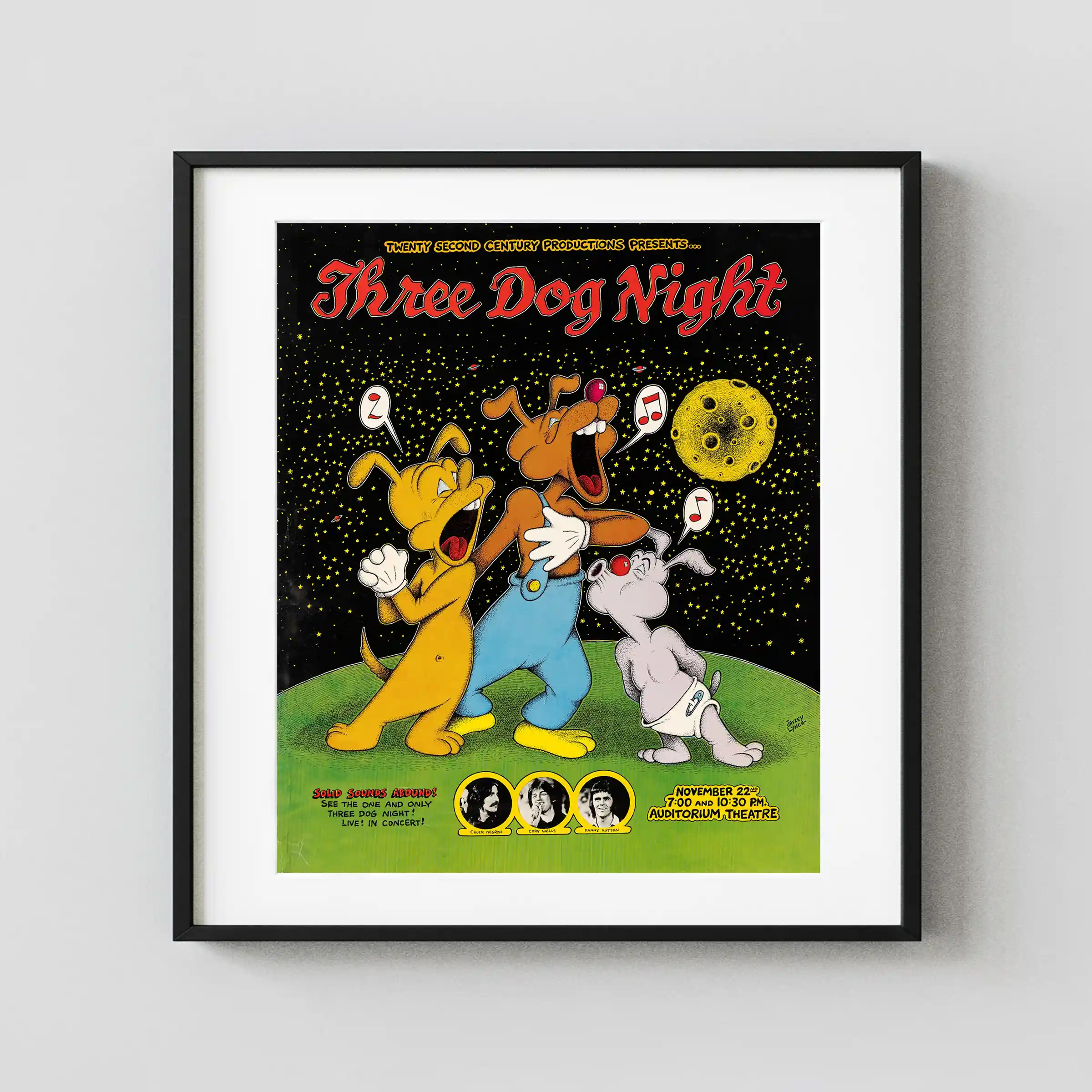 Three Dog Night 1969 Chicago, IL Concert Poster featuring black, green, and white vertical artwork.
