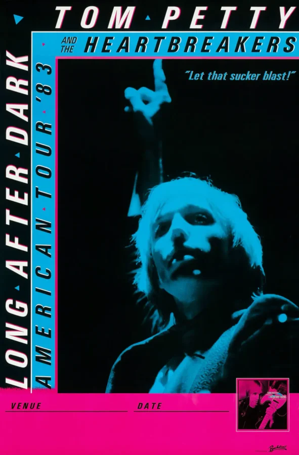 Tom Petty & the Heartbreakers poster with black, magenta, and white artwork and period lettering.