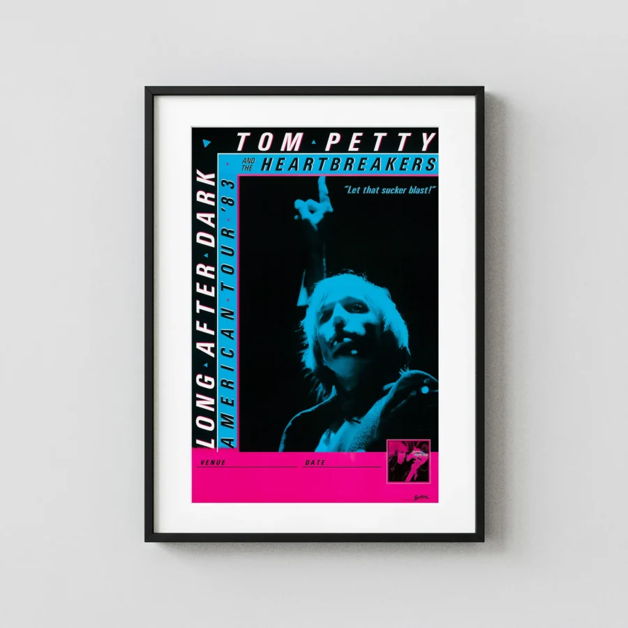 Tom Petty & the Heartbreakers poster with black, magenta, and white artwork and period lettering.