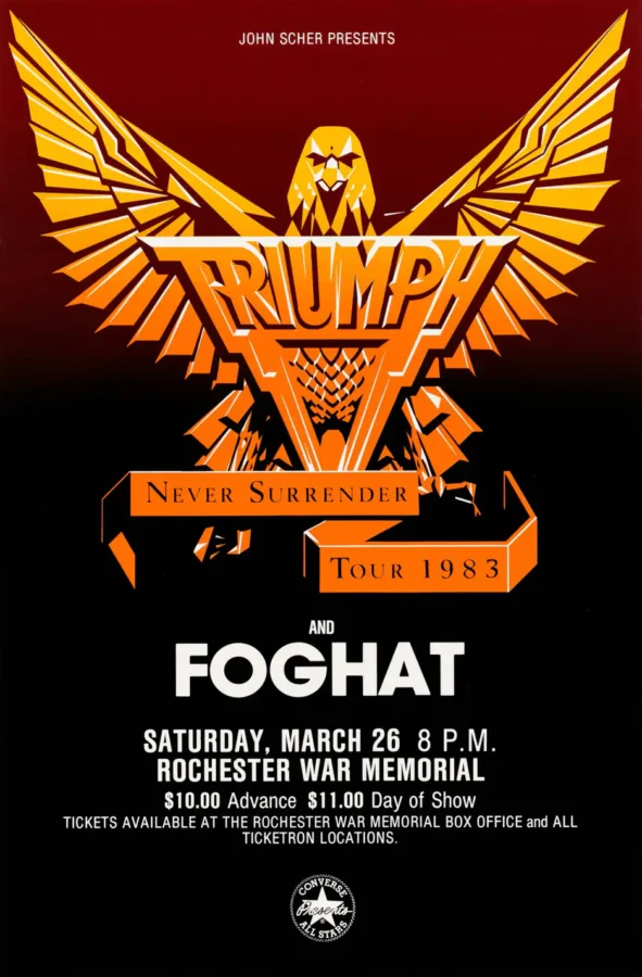 Triumph, Foghat poster with black, burgundy, and charcoal artwork and period lettering.