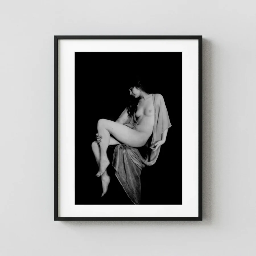 Draped Seated Nude circa 1920 displayed as a framed wall mockup