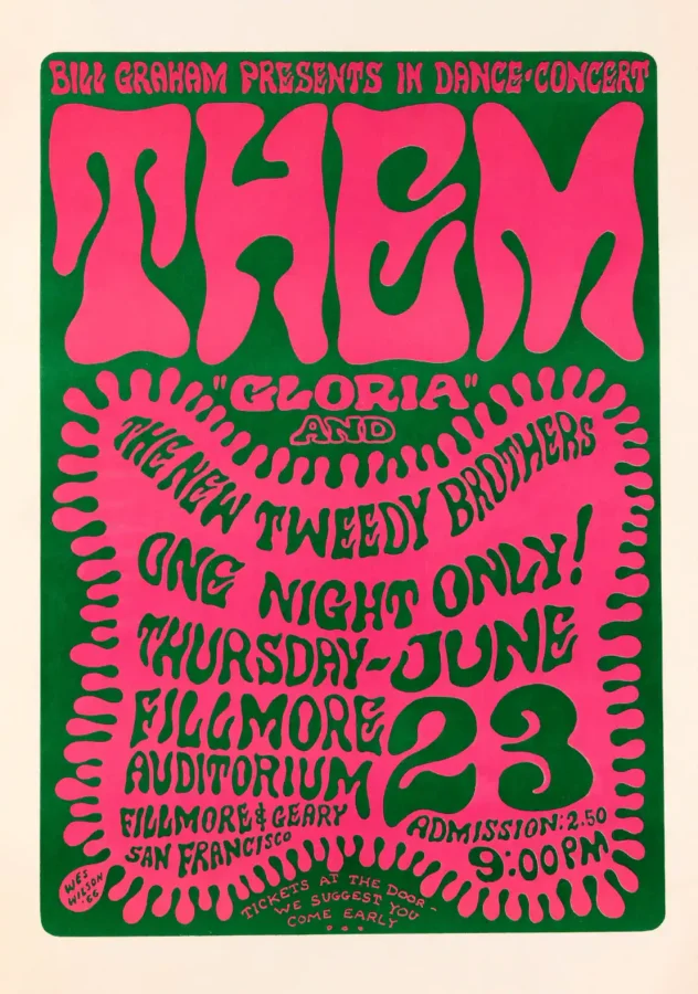 Van Morrison & Them 1966 "Gloria" Fillmore Auditorium Concert Poster featuring magenta, red, and rose vertical artwork.