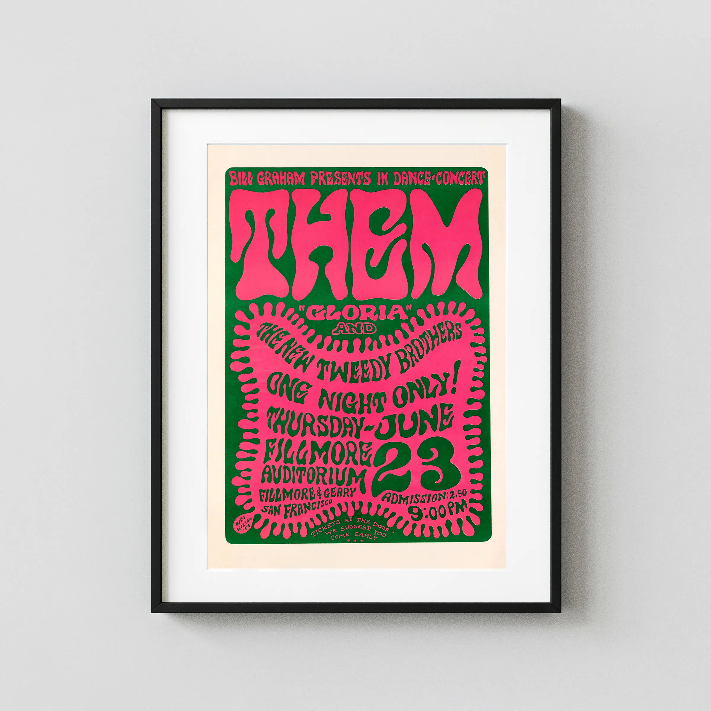 Van Morrison & Them 1966 "Gloria" Fillmore Auditorium Concert Poster featuring magenta, red, and rose vertical artwork.